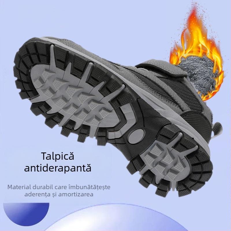 Pantofi copii pentru drumeții din bumbac, căptușeală fleece groasă, suprafață din piele sintetică, model cu dungi, talpă TPR, închidere Velcro