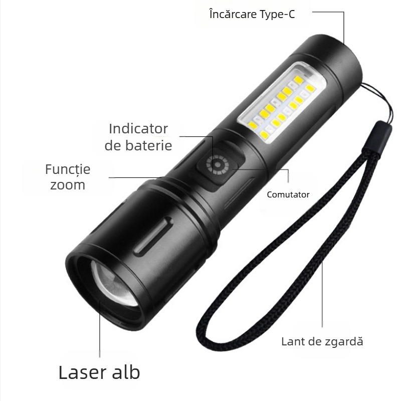 Lanternă LED portabilă (aluminiu aliaj; baterie 1200 mAh; putere 20 W; LED; rază 200–500 m)