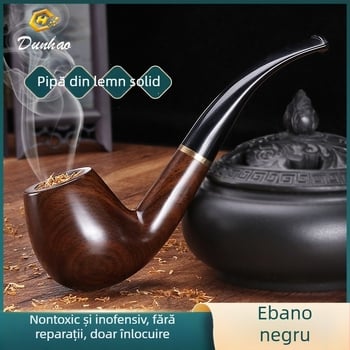 Pipă din lemn de ebon cu muștiuc curbat, realizată manual, brand Canglan, cod Ebony 508 — textură a lemnului