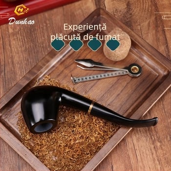 Pipă din lemn de ebon cu muștiuc curbat, realizată manual, brand Canglan, cod Ebony 508 — textură a lemnului