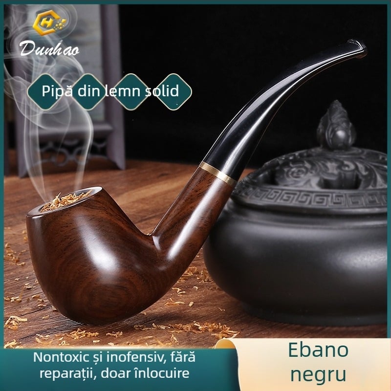 Pipă din lemn de ebon cu muștiuc curbat, realizată manual, brand Canglan, cod Ebony 508 — textură a lemnului
