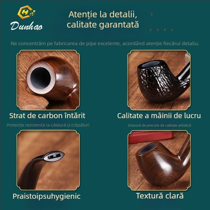 Pipă din lemn de ebon cu muștiuc curbat, realizată manual, brand Canglan, cod Ebony 508 — textură a lemnului