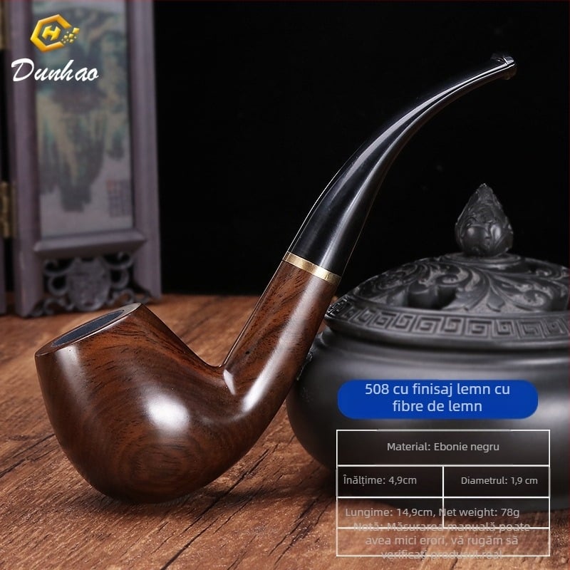 Pipă din lemn de ebon cu muștiuc curbat, realizată manual, brand Canglan, cod Ebony 508 — textură a lemnului