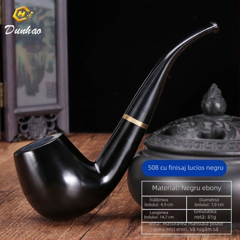 Pipă din lemn de ebon cu muștiuc curbat, realizată manual, brand Canglan, cod Ebony 508 — textură a lemnului