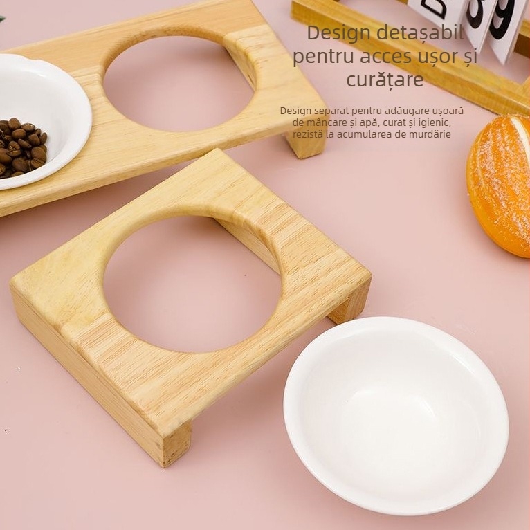 Suport din lemn pentru boluri de animale de companie, pentru pisici și câini, stand universal de hrănire, anti‑răsturnare, design pentru creșterea înălțimii gâtului