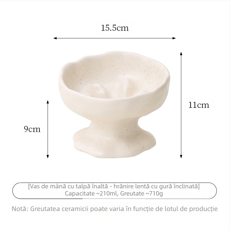 Vas ceramic pentru pisici cu bază înaltă, anti-derulare, protecție a gâtului și hrănire lentă, cu glazură texturată