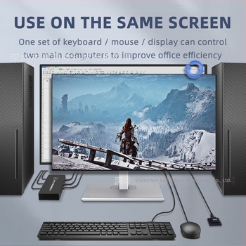 Comutator KVM – partajare USB între două calculatoare pentru un singur set de tastatură, mouse și imprimantă; suportă rezoluție până la 4K60Hz și Windows 7