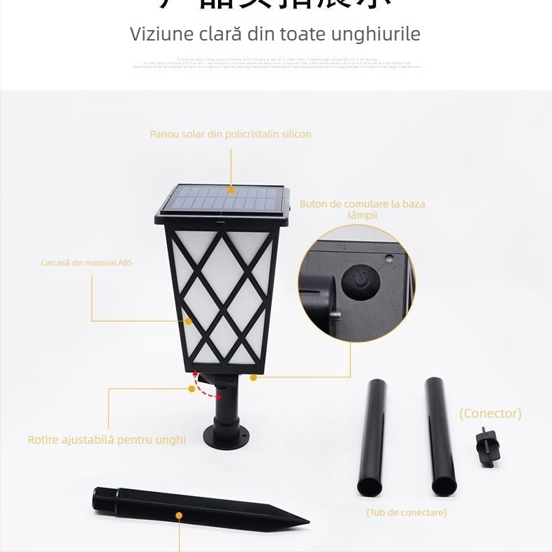 Lampă LED solară în formă de flacără pentru grădină – Model N260, IP55, Panou solar DC5V 1W, Durata iluminării 6-12 ore, Comutator: Manual + control iluminare