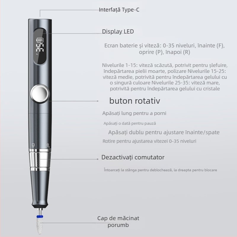 Polizor pentru unghii TMS-025 | Plastic, 136 g, Include unitatea principală, cap de șlefuit, cablu de încărcare, manual de instrucțiuni