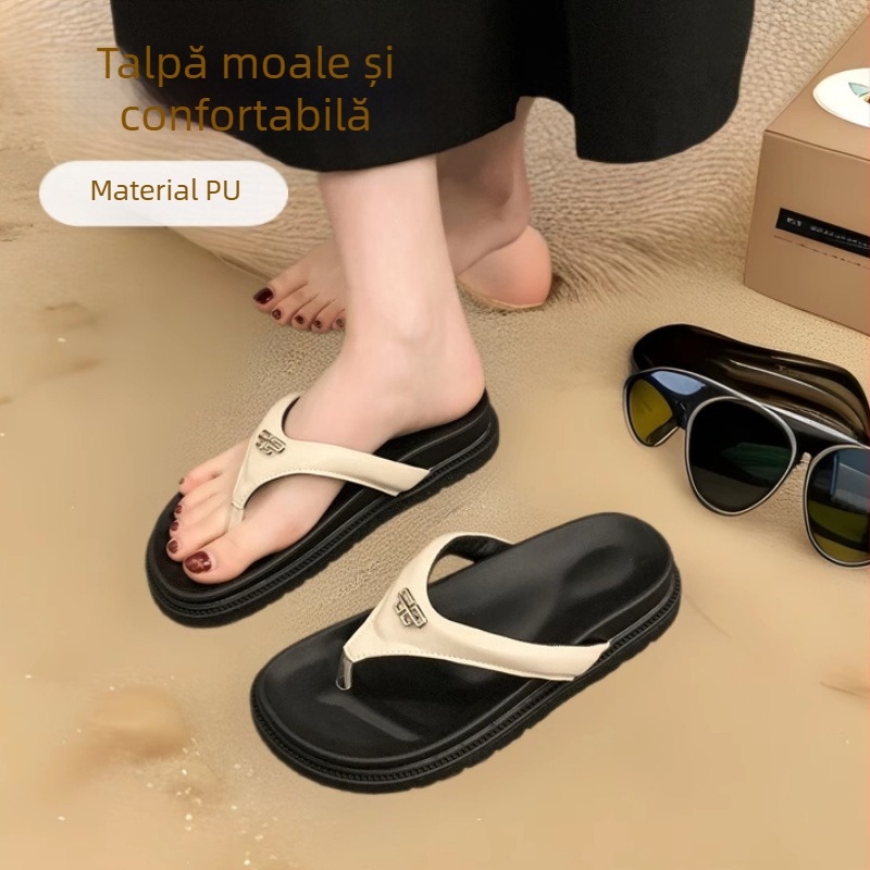 Flip-flops femei cu talpă groasă, partea PU superioară, căptușeală PU, talpă TPE, model Herringbone, stil leisure, sandale de plajă (vara 2025)