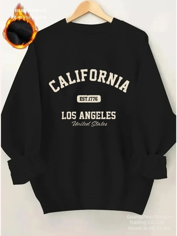 Pulover din fleece pentru femei cu motif California, model personalizat, croială lejeră, guler rotund, poliester