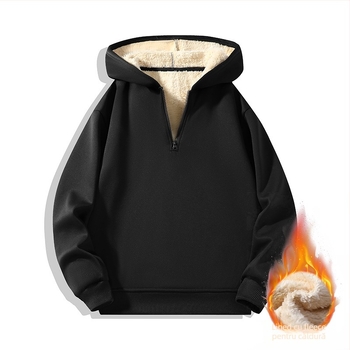 Hanorac pentru bărbați cu glugă, fermoar parțial, căptușit cu fleece, mâneci lungi, culoare uni, stil japonez retro