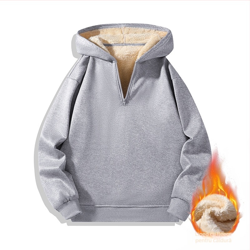 Hanorac pentru bărbați cu glugă, fermoar parțial, căptușit cu fleece, mâneci lungi, culoare uni, stil japonez retro