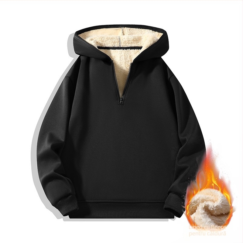 Hanorac pentru bărbați cu glugă, fermoar parțial, căptușit cu fleece, mâneci lungi, culoare uni, stil japonez retro
