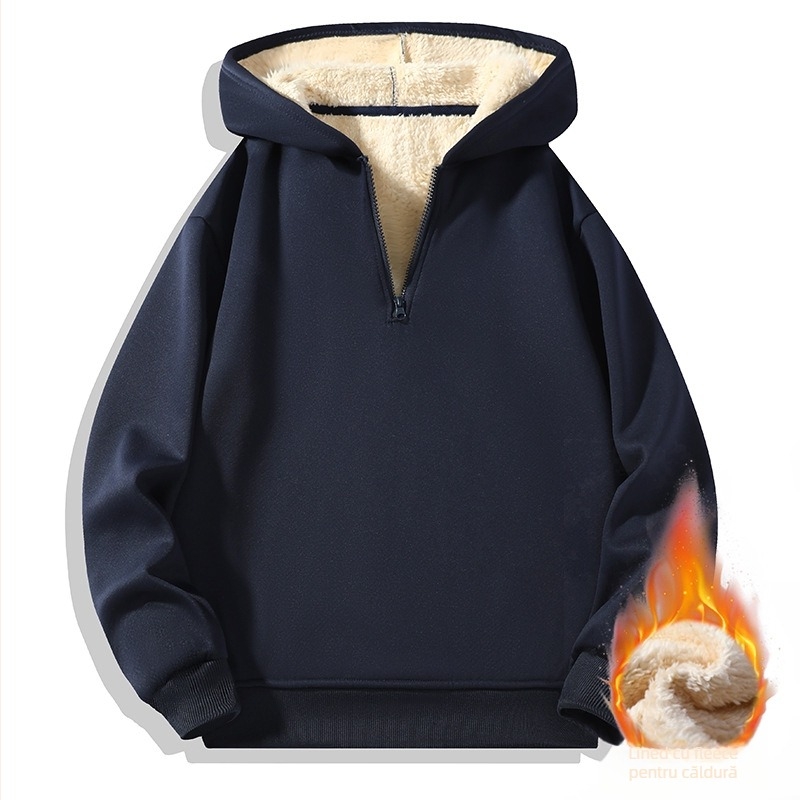 Hanorac pentru bărbați cu glugă, fermoar parțial, căptușit cu fleece, mâneci lungi, culoare uni, stil japonez retro