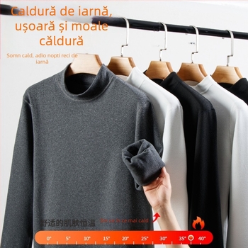 Tricou de bază pentru bărbați cu guler semi-înalt, mâneci lungi, poliester cu căptușeală de fleece, grosime 201-250 g/m²