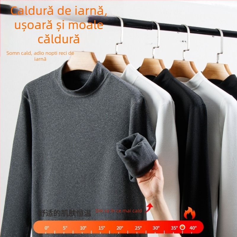 Tricou de bază pentru bărbați cu guler semi-înalt, mâneci lungi, poliester cu căptușeală de fleece, grosime 201-250 g/m²