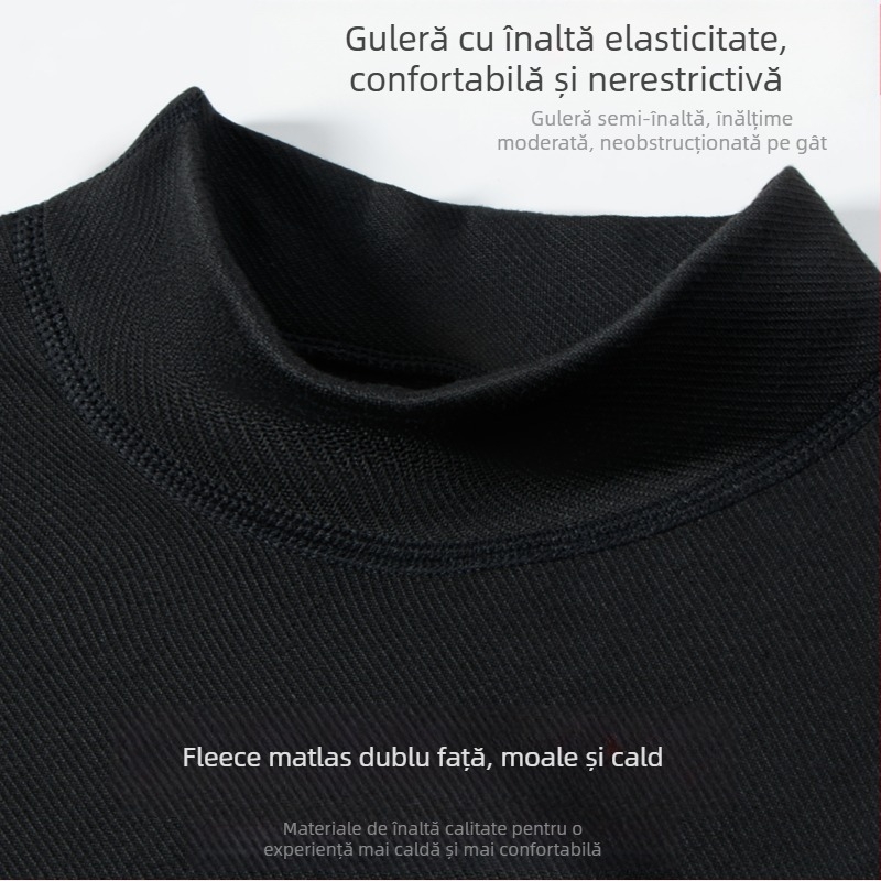 Tricou de bază pentru bărbați cu guler semi-înalt, mâneci lungi, poliester cu căptușeală de fleece, grosime 201-250 g/m²