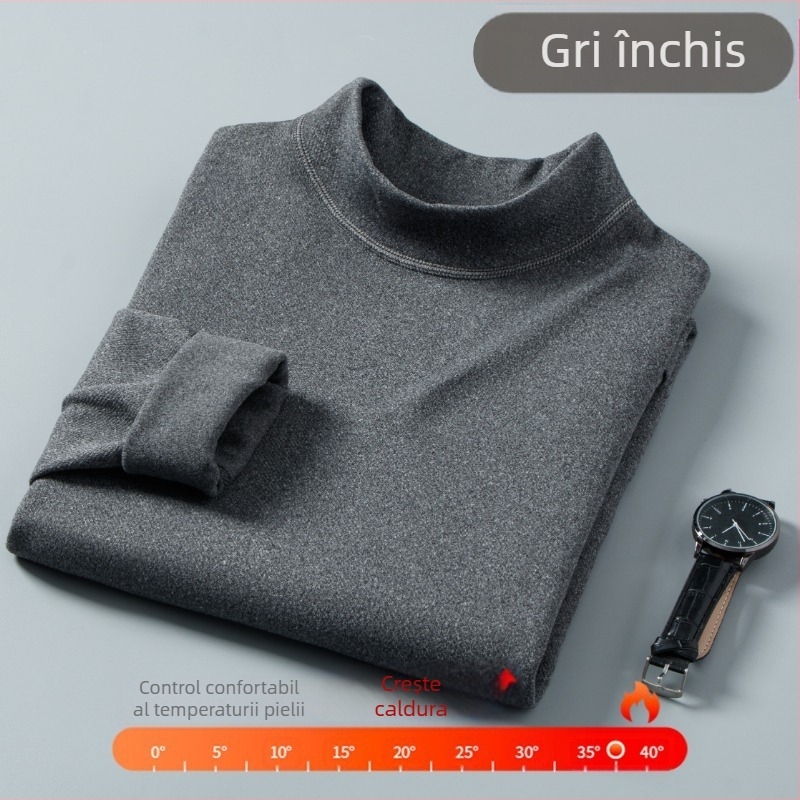 Tricou de bază pentru bărbați cu guler semi-înalt, mâneci lungi, poliester cu căptușeală de fleece, grosime 201-250 g/m²