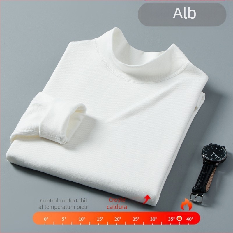 Tricou de bază pentru bărbați cu guler semi-înalt, mâneci lungi, poliester cu căptușeală de fleece, grosime 201-250 g/m²