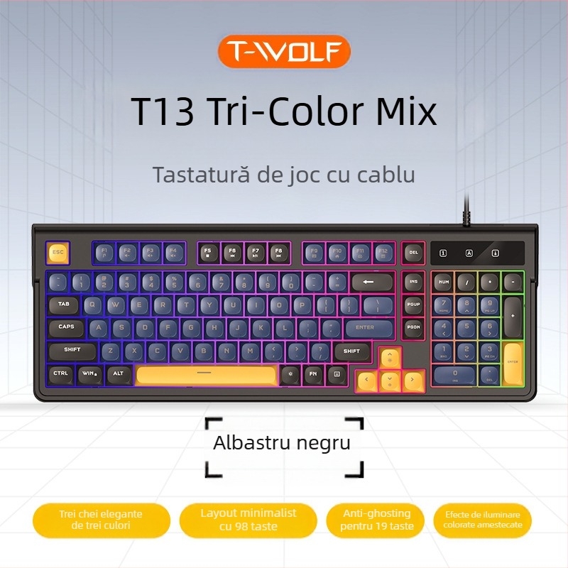 Tastatură gaming cablată, 98+ taste, membrană, iluminare RGB