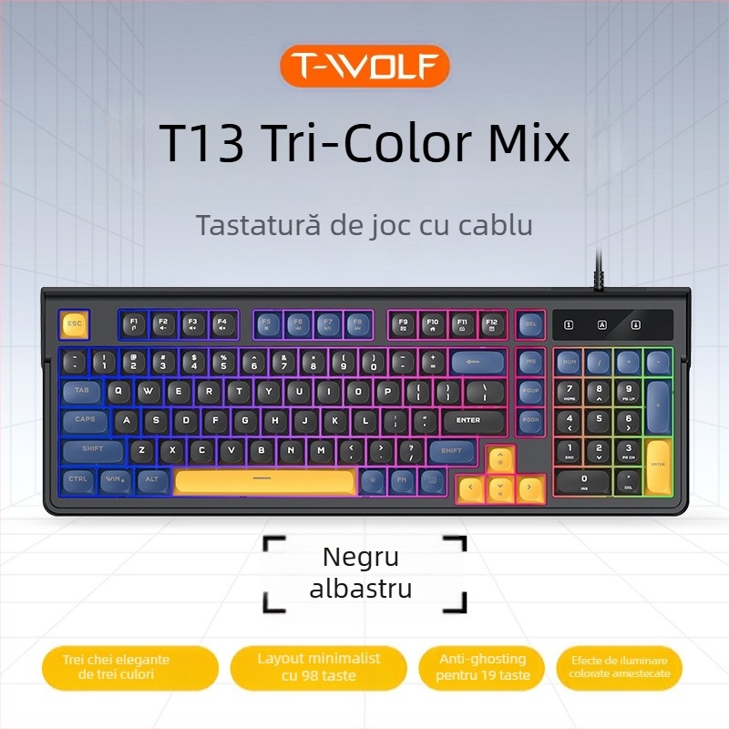 Tastatură gaming cablată, 98+ taste, membrană, iluminare RGB