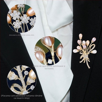 Broșă florală din cupru, Liyu Accessories, placată electro, stil lux feminin