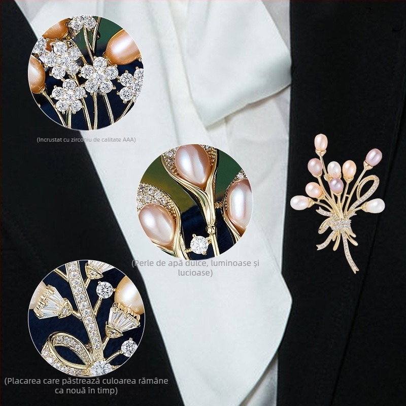 Broșă florală din cupru, Liyu Accessories, placată electro, stil lux feminin