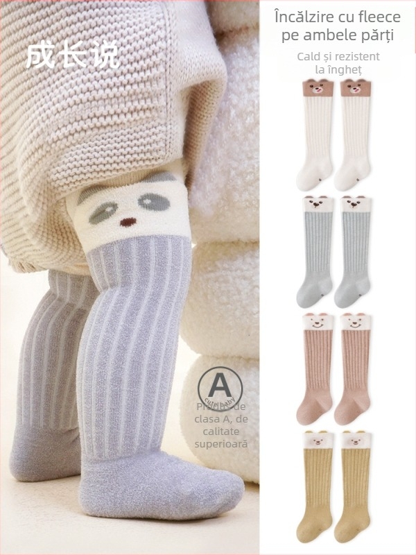 Șosete pentru copii de iarnă căptușite cu fleece, groase și călduroase, design cu tub lung, respirabile și absorbante, model desen animat