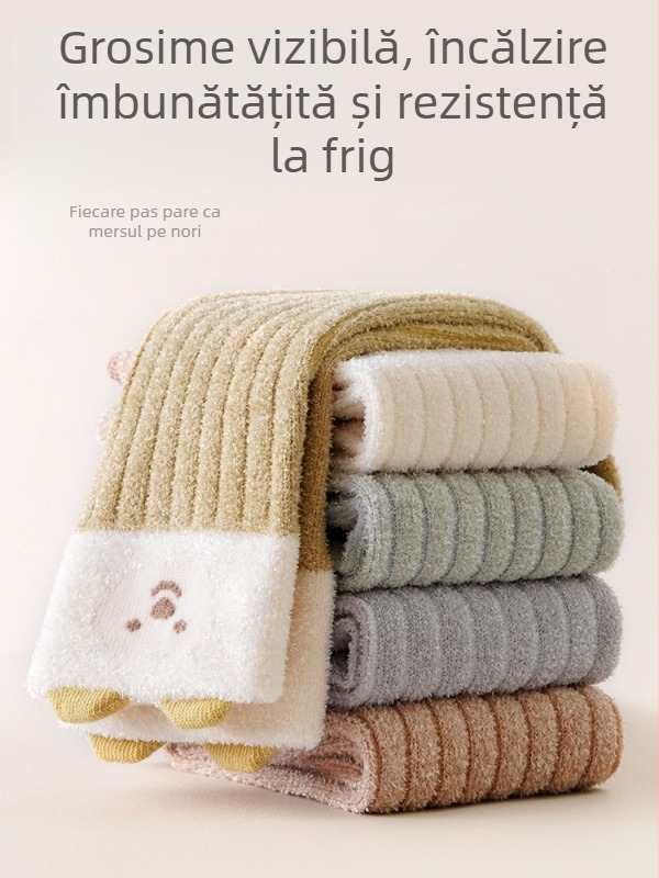 Șosete pentru copii de iarnă căptușite cu fleece, groase și călduroase, design cu tub lung, respirabile și absorbante, model desen animat