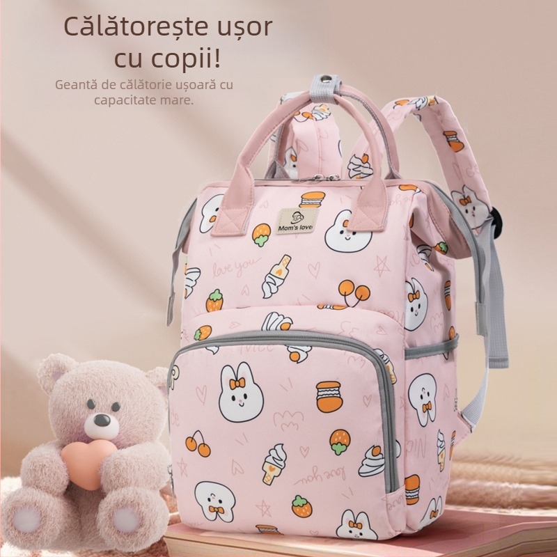 Rucsac pentru mamă și copil cu capacitate mare, buzunar izolat pentru sticle, material Oxford, model iepuraș desene animate, ușor, bretele cu aer