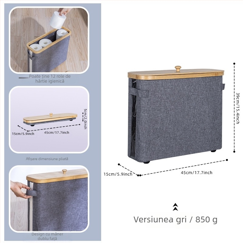 Coș de depozitare pentru role de șervețele, cu capac — Material: Nanzhu Bamboo + Oxford Cloth, pliabil, 24L