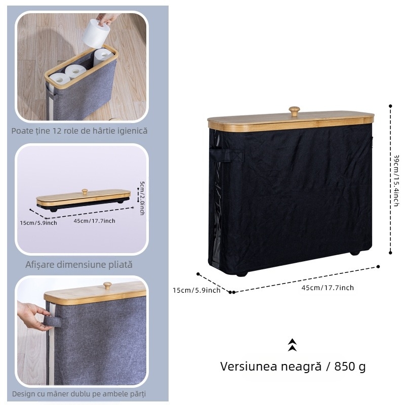 Coș de depozitare pentru role de șervețele, cu capac — Material: Nanzhu Bamboo + Oxford Cloth, pliabil, 24L