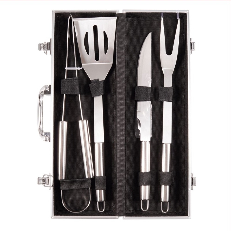 Set de unelte pentru BBQ în aer liber, cu mânere din oțel inoxidabil, cu design tubular: furculiță, spatulă și clips într-o cutie de aluminiu