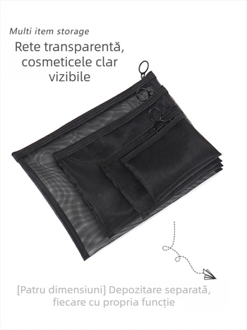 Geantă de machiaj cu capacitate mare, din plasă, design respirabil, căptușeală din poliester, spațiu pentru ruj