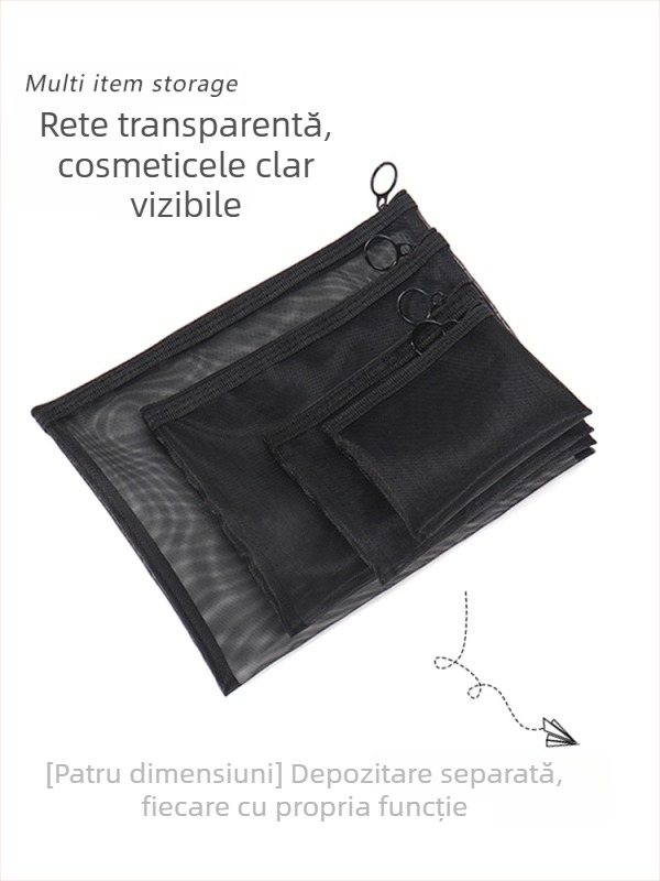 Geantă de machiaj cu capacitate mare, din plasă, design respirabil, căptușeală din poliester, spațiu pentru ruj