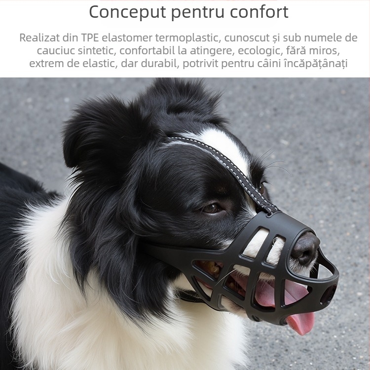 Muză pentru câini de dimensiuni medii și mari; previne mușcătura, lătratul și alimentația indiscretă; permite consumul de apă; material: floare de mătase