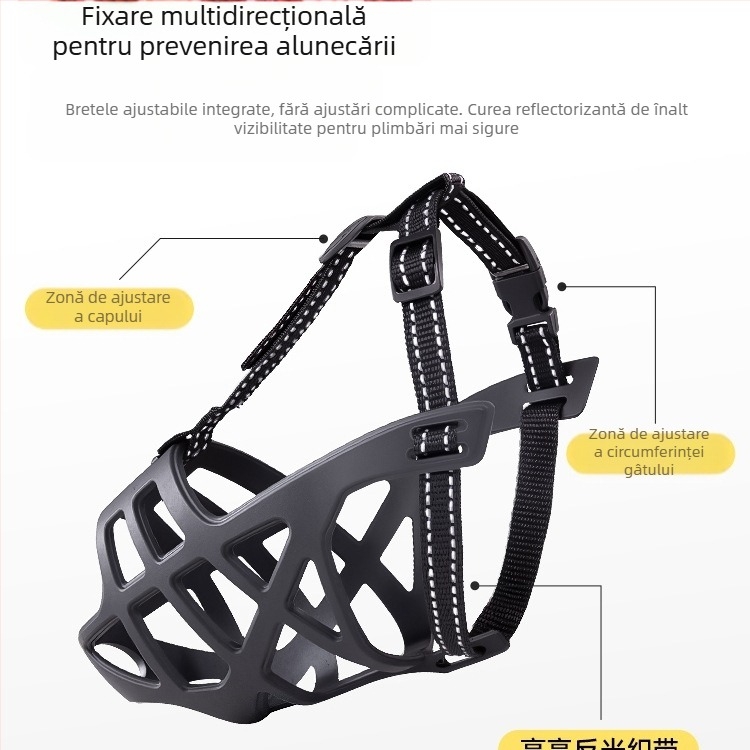 Muză pentru câini de dimensiuni medii și mari; previne mușcătura, lătratul și alimentația indiscretă; permite consumul de apă; material: floare de mătase