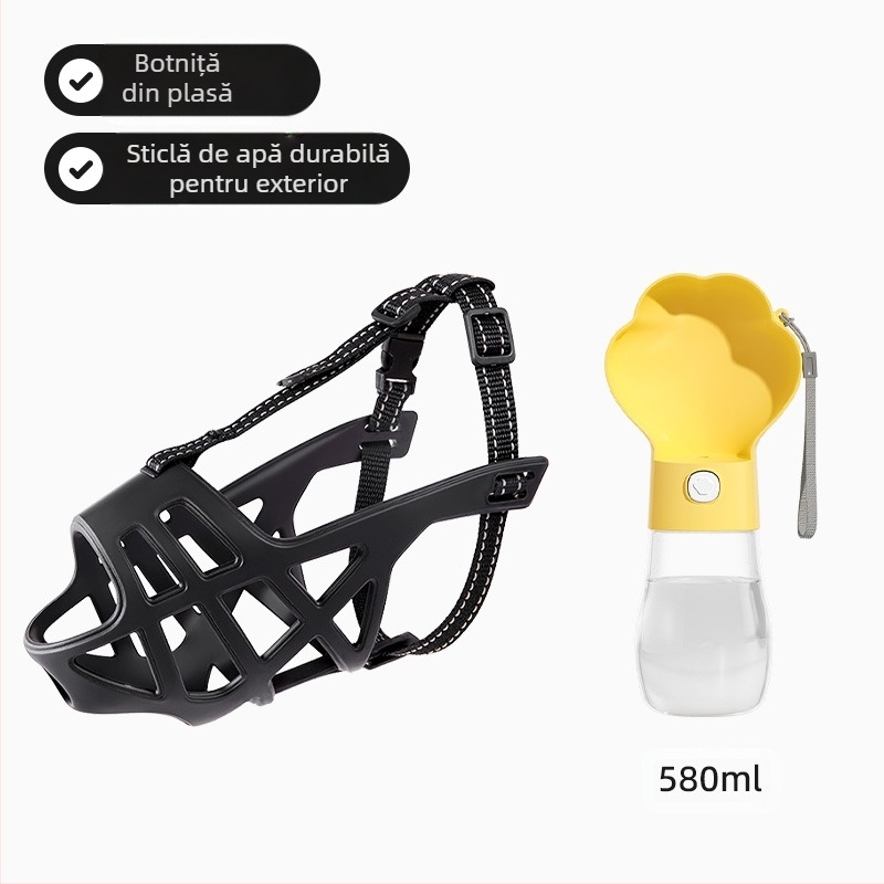 Muză pentru câini de dimensiuni medii și mari; previne mușcătura, lătratul și alimentația indiscretă; permite consumul de apă; material: floare de mătase