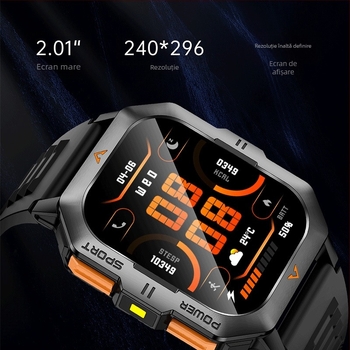 Ceas inteligent rezistent la apă cu monitorizare ritm cardiac, detecție oxigen din sânge, autonomie baterie 7–14 zile, compatibil cu iOS