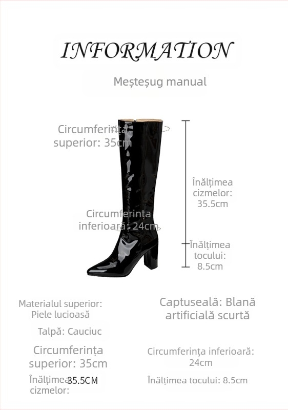 Botosei femei fashion cu tibie înaltă, vârf pătrat și toc gros (Material Superior: PU; Talpă: Cauciuc; Fermoar spate; Vârf pătrat; Toc gros)