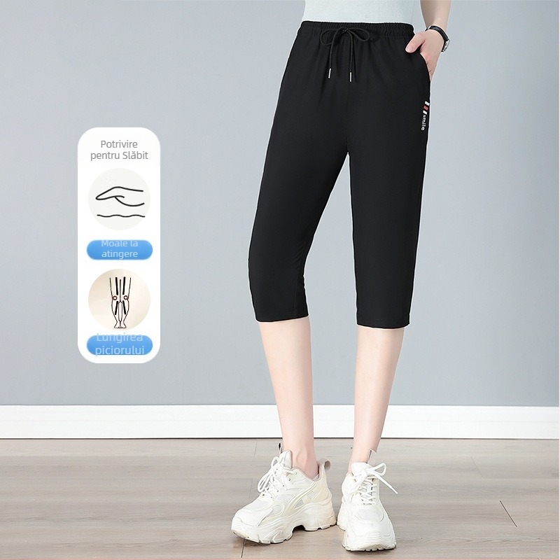 Pantaloni Capri pentru femei, talie înaltă și croială dreaptă, poliester ușor (95%+), casual/sport