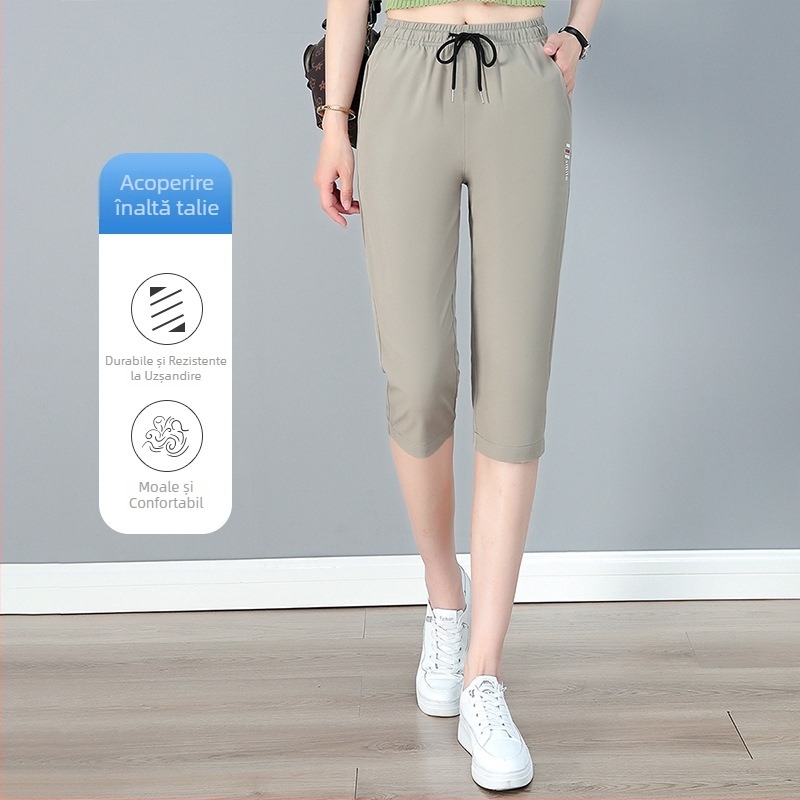 Pantaloni Capri pentru femei, talie înaltă și croială dreaptă, poliester ușor (95%+), casual/sport