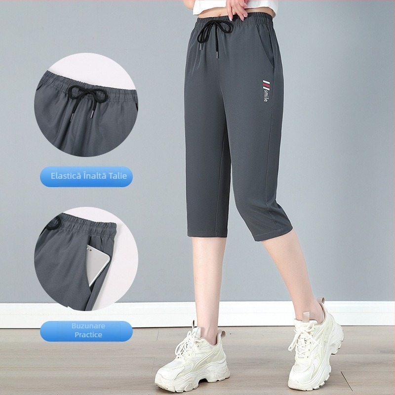 Pantaloni Capri pentru femei, talie înaltă și croială dreaptă, poliester ușor (95%+), casual/sport