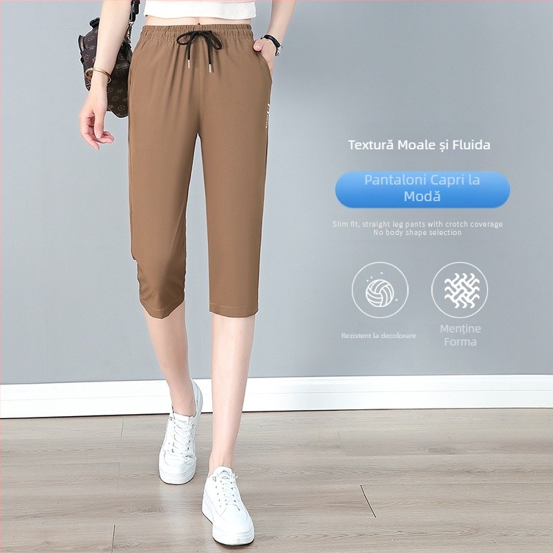 Pantaloni Capri pentru femei, talie înaltă și croială dreaptă, poliester ușor (95%+), casual/sport