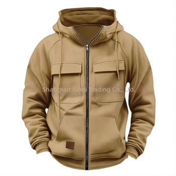 Hanorac cu fermoar și buzunare multiple, din poliester 250 g, căptușeală fleece, croială lejeră, guler cu rever deschis, toamnă/iarnă 2025