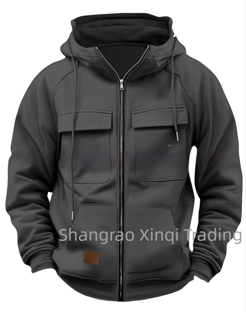 Hanorac cu fermoar și buzunare multiple, din poliester 250 g, căptușeală fleece, croială lejeră, guler cu rever deschis, toamnă/iarnă 2025