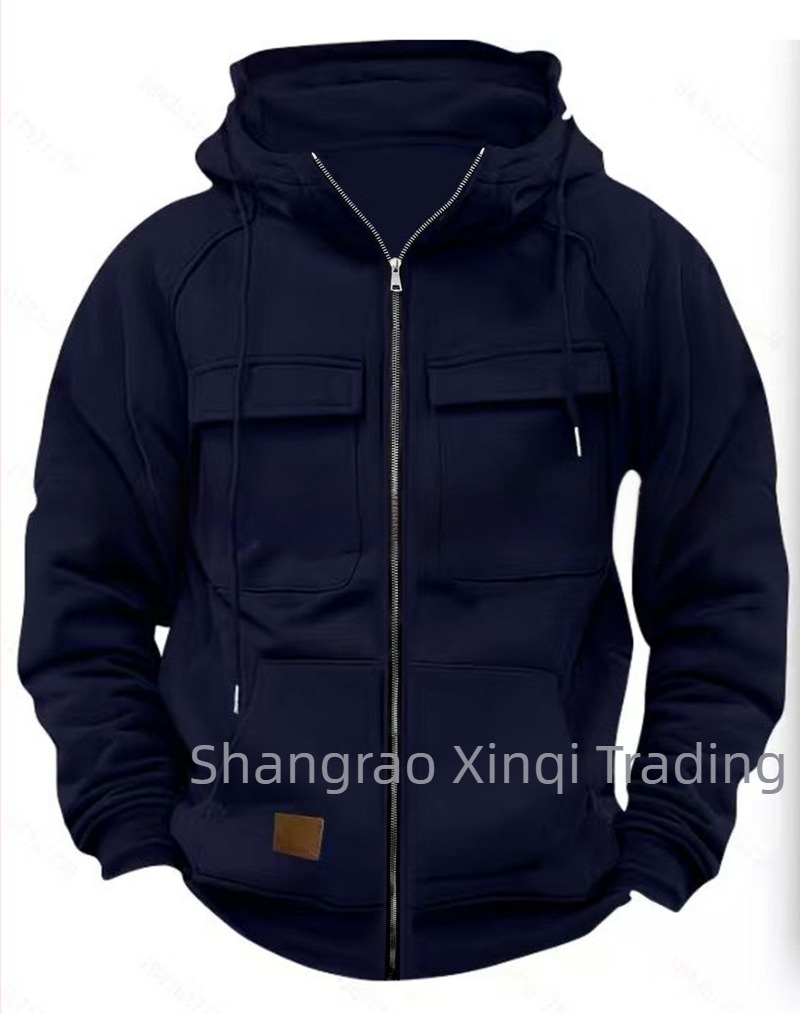 Hanorac cu fermoar și buzunare multiple, din poliester 250 g, căptușeală fleece, croială lejeră, guler cu rever deschis, toamnă/iarnă 2025