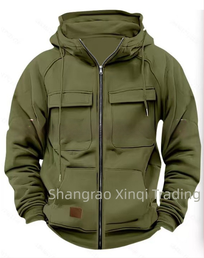 Hanorac cu fermoar și buzunare multiple, din poliester 250 g, căptușeală fleece, croială lejeră, guler cu rever deschis, toamnă/iarnă 2025