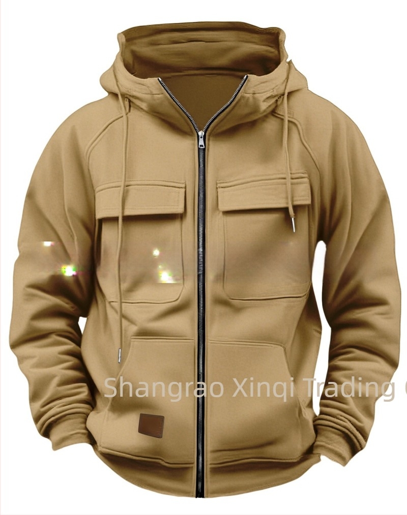 Hanorac cu fermoar și buzunare multiple, din poliester 250 g, căptușeală fleece, croială lejeră, guler cu rever deschis, toamnă/iarnă 2025